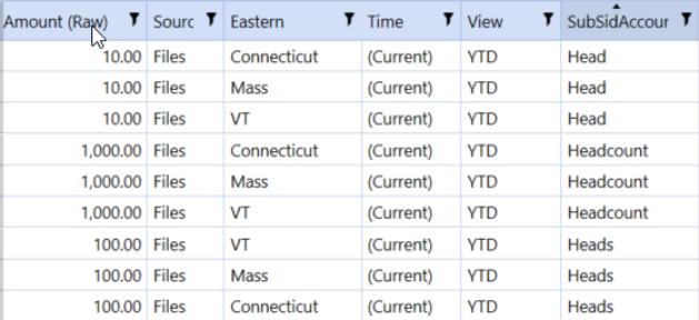 The records are listed in a table. The table header row has a blue background, and the rest of the cells in the grid have a white background. This example includes three accounts: Head, Headcount, and Heads.